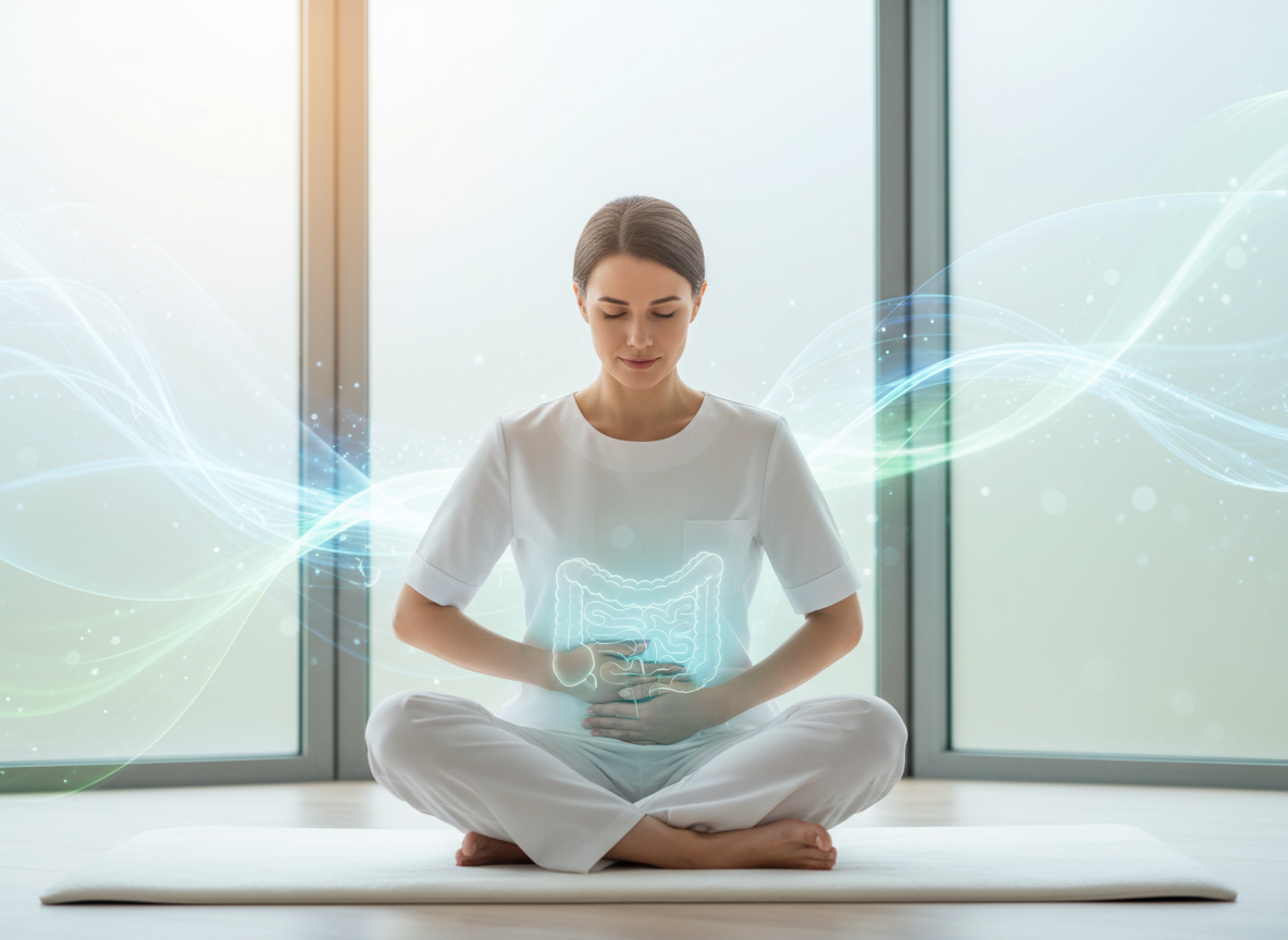 Woman relaxing with gut-focused audio therapy